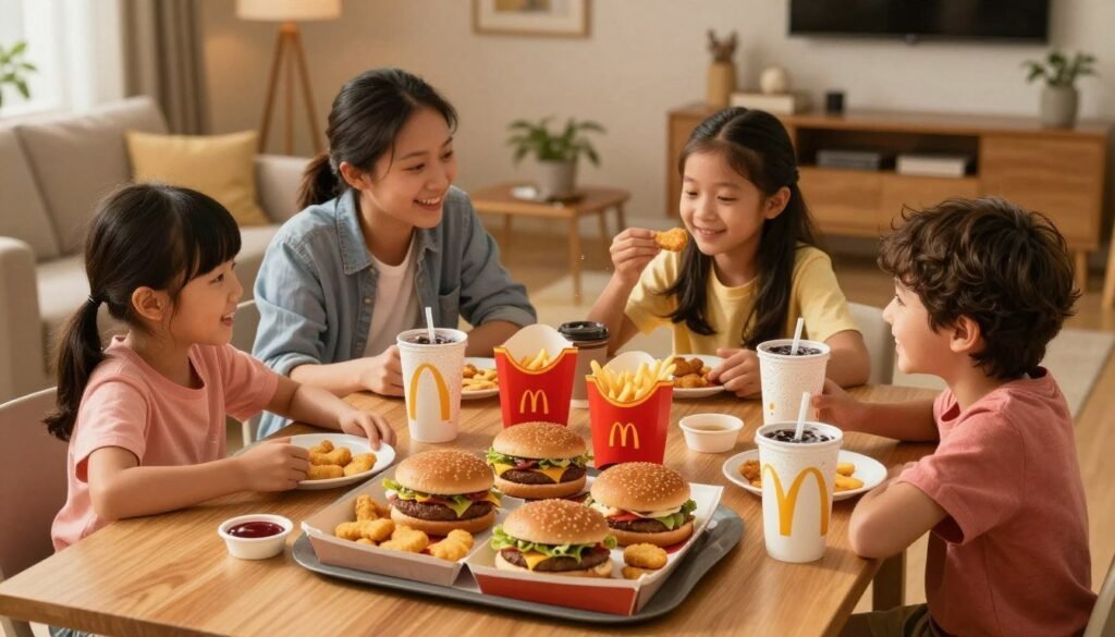 A beautifully arranged McDonald's family meal deal spread on a wooden dining table. In the foreground, a large family box filled with crispy chicken nuggets, juicy burgers, golden fries, and refreshing drinks, with a side of dipping sauces. The middle ground features a happy family of four enjoying the meal, dressed in cheerful casual clothing, smiling and interacting, with plates and cups in hand. The background reveals a cozy living room setting, softly lit by warm, inviting golden light, creating a homely atmosphere. The camera angle is slightly elevated, capturing the essence of sharing food together as a family. The image evokes warmth, togetherness, and the joy of enjoying McDonald's offerings.