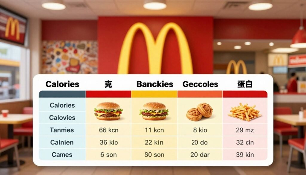 A detailed and visually engaging infographic showcasing the nutrition facts of McDonald's Dollar Menu items. In the foreground, display a neatly organized chart with colorful sections highlighting calories, fat content, carbohydrates, and protein for each item, presented in a clean font. The middle ground features a stylized backdrop of a classic McDonald's restaurant interior, complete with the iconic red and yellow color scheme, adding a cheerful atmosphere. The background should be softly blurred to emphasize the chart, with warm overhead lighting to create a welcoming feel. The image captures a sense of health awareness and affordability, making it suitable for an informative article on fast food dining.