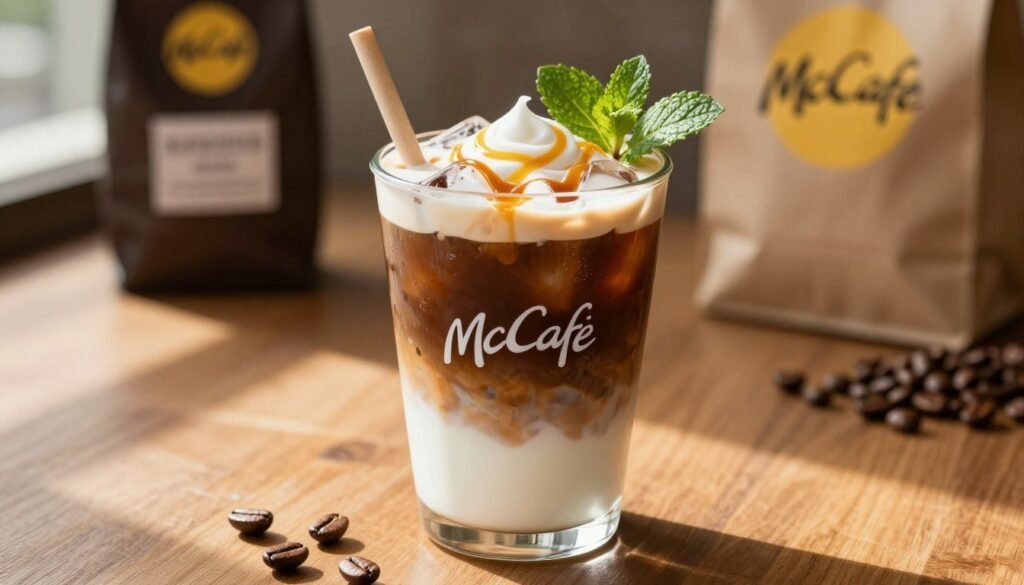 A refreshing McCafe iced coffee, beautifully presented in a clear glass filled with ice cubes, featuring rich, dark coffee topped with a swirl of creamy milk. The drink is adorned with a drizzle of caramel sauce and a sprig of mint for freshness. In the foreground, a straw peeks out invitingly from the glass. The glass sits on a wooden table, reflecting soft, natural sunlight that enhances the rich tones of the coffee. In the background, softly blurred shapes of coffee beans and a subtle McCafe logo can be seen, creating a cozy coffee shop ambiance. The mood is refreshing and inviting, perfect for a warm day. The image is captured from a slightly low angle to emphasize the drink's enticing features.