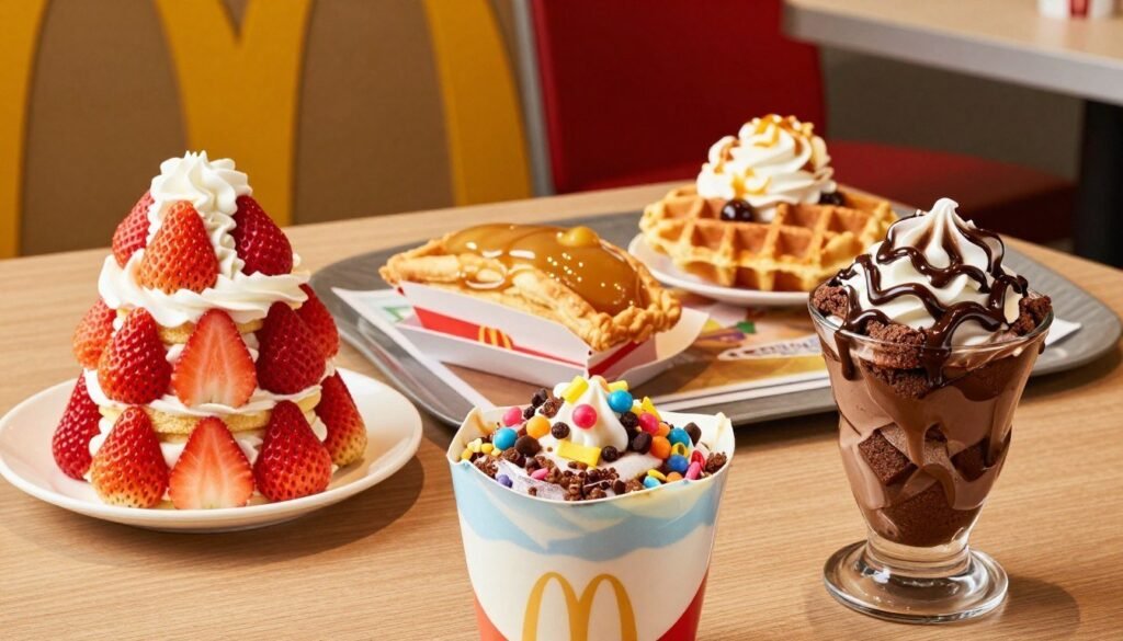A vibrant, close-up view of a selection of McDonald's secret dessert menu items displayed on a wooden table. The foreground features a decadent McFlurry with colorful toppings and a warm, gooey brownie sundae drizzled with chocolate sauce. To the left, an aesthetically pleasing strawberry shortcake stacked high, garnished with fresh strawberries and whipped cream. In the middle ground, a stylish McDonald's dessert tray adorned with unique, off-menu items like a secret caramel apple pie and a crispy waffle with sweet toppings. The background features a cozy McDonald's interior with soft yellow and red hues, creating a warm and inviting atmosphere. The lighting is bright, highlighting the glossy textures of the desserts, while the angle captures a slightly elevated perspective, inviting the viewer to indulge.