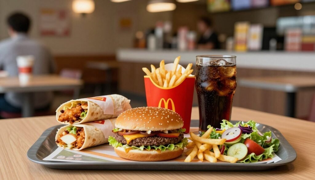 A vibrant display of a balanced McDonald's meal combination elegantly arranged on a wooden table. In the foreground, feature a classic Big Mac alongside a side of crispy French fries and a refreshing medium Coke, with a balanced portion of a side salad to emphasize healthy choices. In the middle, set a casual dining atmosphere with a soft-focus view of a cozy fast-food restaurant interior, softly lit with warm lighting that reflects a welcoming vibe. In the background, include glimpses of other meal options like grilled chicken wraps and apple slices, subtly hinting at variety. The image conveys a sense of enjoyment and balance, illustrating nutrition and satisfaction. Use a wide-angle lens to capture all elements harmoniously, creating an inviting yet informative atmosphere, free of any text or distractions.