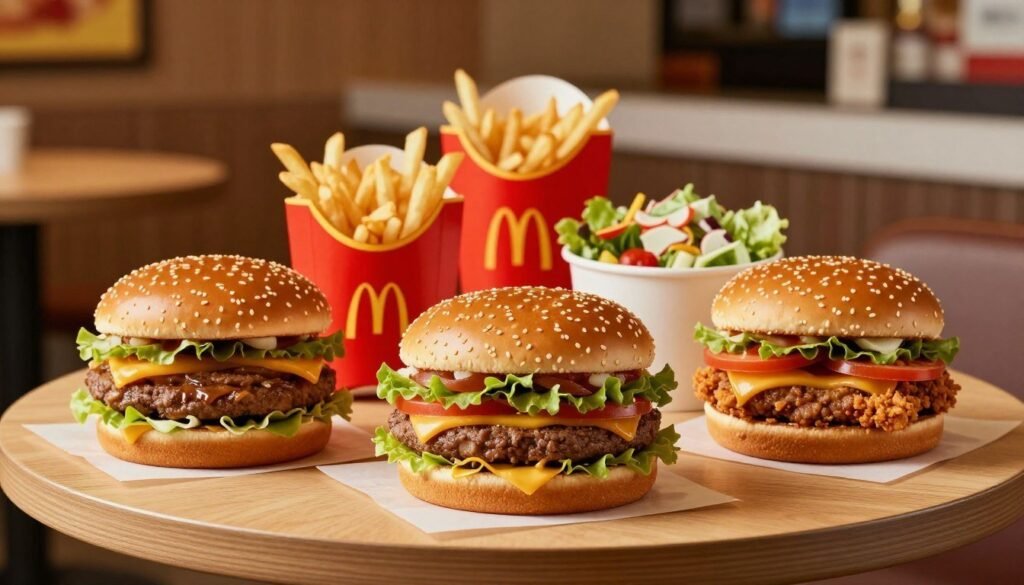 A visually appealing McDonald's burger menu, displayed prominently on a circular wooden table. In the foreground, a selection of iconic burgers like the Big Mac, Quarter Pounder, and McChicken, each beautifully presented with fresh ingredients visible. In the middle ground, soft-focus images of crispy fries and a vibrant salad, creating a balanced meal look. The background features a warm, inviting McDonald's restaurant interior, with gentle lighting illuminating the scene, simulating a cozy dining atmosphere. The composition emphasizes the deliciousness and variety of the burger menu, appealing to hungry customers, captured in a high-angle shot to provide a comprehensive view of the meal selection. The overall mood is cheerful and appetizing, inviting viewers to indulge in a classic fast-food experience.