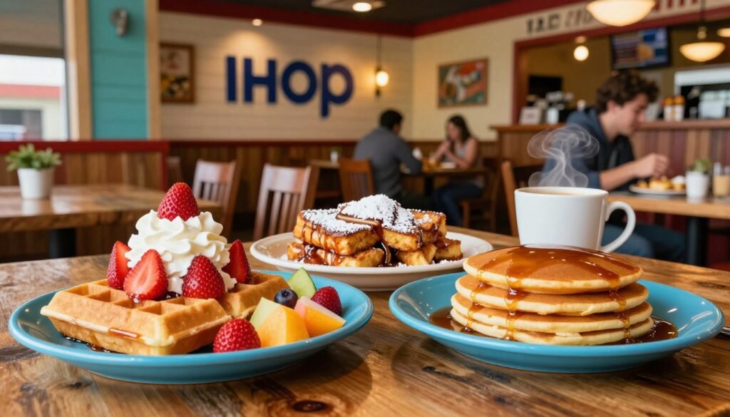 A beautifully arranged IHOP breakfast spread featuring mouthwatering waffles topped with fresh strawberries and whipped cream, golden-brown French toast dusted with powdered sugar, and a side of fluffy pancakes drizzled with syrup. In the foreground, a rustic wooden table holds a bright blue plate with a colorful fruit medley and a steaming cup of coffee. The middle ground showcases a vibrant IHOP restaurant setting, with soft, warm lighting that enhances the inviting atmosphere. In the background, a cheerful dining space is filled with rustic decor and scattered diners enjoying their meals. The angle captures the delicious details and textures of the breakfast items, inviting viewers to revel in the happiness of a cozy morning meal.