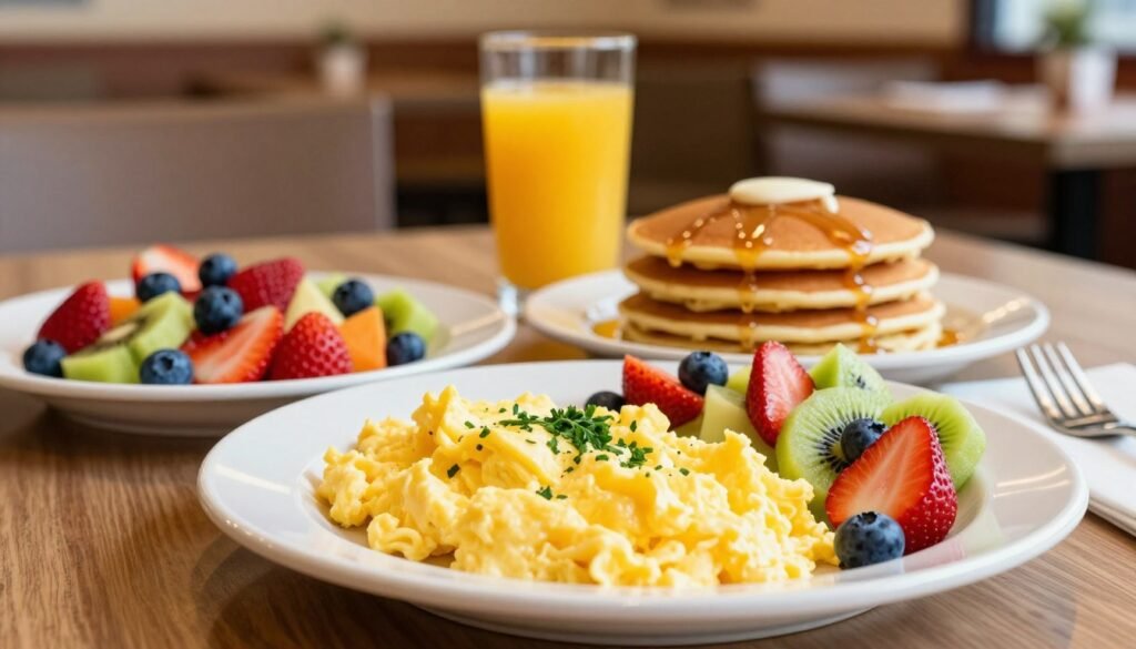A beautifully arranged IHOP breakfast table featuring a selection of healthy and lighter breakfast options. In the foreground, showcase a vibrant plate of fluffy scrambled egg whites garnished with fresh herbs, accompanied by a colorful fruit salad of strawberries, blueberries, and kiwi slices. In the middle, include a small stack of multigrain pancakes drizzled with a light syrup, positioned next to a glass of freshly squeezed orange juice. The background should subtly highlight the IHOP restaurant interior, complete with warm, inviting lighting that enhances the coziness of the scene. The angle should be slightly elevated, capturing the delicious food while providing a clear view of the inviting setting. The mood is cheerful and healthy, ideal for a fresh start to the day.