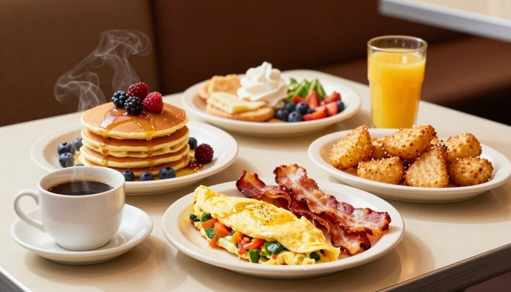 A beautifully arranged IHOP breakfast table, featuring an array of classic dishes such as fluffy pancakes stacked high with fresh berries, a perfectly cooked omelet filled with vegetables, crispy bacon, and golden hash browns. In the foreground, a steaming cup of coffee and a glass of orange juice sit invitingly. The middle of the image showcases vibrant plates of breakfast food, artistically garnished for a fresh look. The background includes soft-focus elements of an IHOP restaurant setting, with warm lighting that creates a cozy and inviting atmosphere. Capture the image from a slightly elevated angle to provide a clear view of the food, emphasizing the meal's nutrition and variety, while maintaining a wholesome, friendly mood.