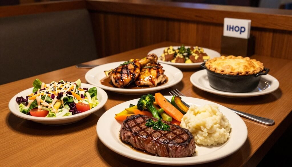 A beautifully arranged IHOP dinner table set for a cozy evening, featuring a variety of delicious dishes. In the foreground, a perfectly cooked steak with grill marks, seasoned and garnished with fresh herbs, accompanied by mashed potatoes and a side of mixed vegetables. Next to it, a colorful salad drizzled with vinaigrette, adding vibrancy to the scene. The middle ground showcases additional entrees like sizzling grilled chicken and a hearty pot pie, served on elegant plates. Soft ambient lighting casts a warm glow over the table, creating an inviting mood. In the background, a tastefully decorated IHOP restaurant interior is subtly visible, with wooden accents and comfortable seating. The camera angle is a slight top-down perspective, emphasizing the delicious food while maintaining a welcoming atmosphere. A beautifully arranged IHOP dinner table set for a cozy evening, featuring a variety of delicious dishes. In the foreground, a perfectly cooked steak with grill marks, seasoned and garnished with fresh herbs, accompanied by mashed potatoes and a side of mixed vegetables. Next to it, a colorful salad drizzled with vinaigrette, adding vibrancy to the scene. The middle ground showcases additional entrees like sizzling grilled chicken and a hearty pot pie, served on elegant plates. Soft ambient lighting casts a warm glow over the table, creating an inviting mood. In the background, a tastefully decorated IHOP restaurant interior is subtly visible, with wooden accents and comfortable seating. The camera angle is a slight top-down perspective, emphasizing the delicious food while maintaining a welcoming atmosphere.