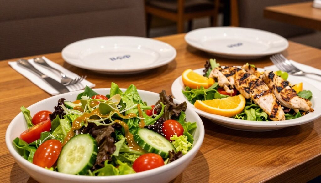 A beautifully arranged IHOP dinner table showcasing a variety of fresh salads and lighter meal options, with vibrant colors and textures. In the foreground, a large bowl of garden salad with mixed greens, cherry tomatoes, cucumbers, and a light vinaigrette. Next to the salad, a grilled chicken salad garnished with citrus slices, emphasizing healthy dining choices. In the middle ground, a wooden table set with elegant plates and utensils, capturing the inviting atmosphere of a cozy IHOP restaurant. The background features soft lighting that creates a warm ambiance, highlighting the inviting decor of the restaurant. The camera angle is slightly elevated, giving a clear view of the meals while maintaining a casual yet polished feel. The mood is cheerful and inviting, suitable for family dining. A beautifully arranged IHOP dinner table showcasing a variety of fresh salads and lighter meal options, with vibrant colors and textures. In the foreground, a large bowl of garden salad with mixed greens, cherry tomatoes, cucumbers, and a light vinaigrette. Next to the salad, a grilled chicken salad garnished with citrus slices, emphasizing healthy dining choices. In the middle ground, a wooden table set with elegant plates and utensils, capturing the inviting atmosphere of a cozy IHOP restaurant. The background features soft lighting that creates a warm ambiance, highlighting the inviting decor of the restaurant. The camera angle is slightly elevated, giving a clear view of the meals while maintaining a casual yet polished feel. The mood is cheerful and inviting, suitable for family dining.