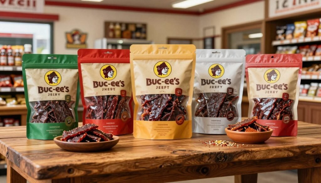 A beautifully arranged display of Buc-ee's jerky collection, featuring various flavors and packages prominently in the foreground. The jerky bags should have vibrant designs, showcasing flavors like original beef, spicy, and teriyaki, with eye-catching colors and textures. The middle ground should include a rustic wooden table, enhancing the country vibe associated with Buc-ee's, surrounded by small bowls of freshly made jerky pieces sprinkled with spices. The background should feature a cozy, well-lit gas station convenience store interior, with hints of shelves filled with snacks and memorabilia, creating a warm and inviting atmosphere. Use soft, natural lighting to highlight the textures of the jerky, with a slight focus blur on the background, enhancing the overall appetizing feel.