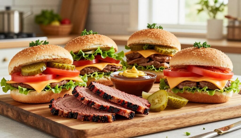 A beautifully arranged display of high-quality sandwich ingredients inspired by Buc-ee's, featuring a variety of fresh ingredients on a rustic wooden cutting board. In the foreground, juicy slices of smoked brisket, crisp lettuce, ripe tomatoes, sharp cheddar cheese, tangy pickles, and fluffy sandwich buns, artfully stacked and garnished with fresh herbs. The middle layer includes vibrant condiments like mustard and BBQ sauce in small bowls, adding pops of color. The background showcases a warm, inviting kitchen setting with soft, natural light filtering through a window, creating a cozy atmosphere. The image is captured from a slightly elevated angle, emphasizing the freshness of the ingredients and the care in preparation, evoking a sense of delicious anticipation for Buc-ee's gourmet sandwiches.
