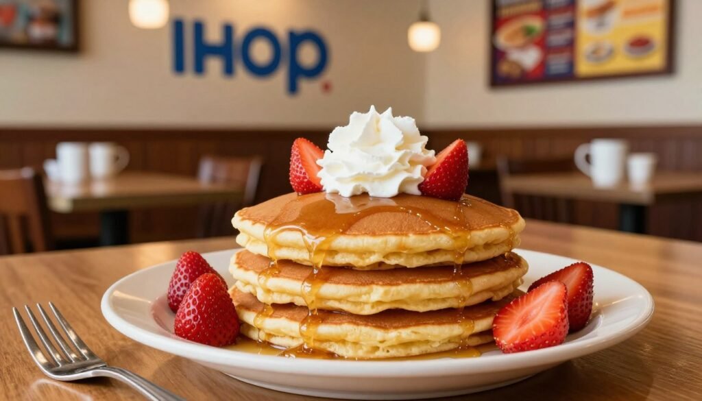 A beautifully arranged plate of IHOP gluten-free pancakes stacked high, golden brown and fluffy, topped with a generous dollop of whipped cream and fresh strawberries, glistening with a drizzle of maple syrup. In the foreground, a fork rests elegantly beside the plate, hinting at a delightful meal. The middle layer features a cozy IHOP setting with a cheerful diner atmosphere, warm wooden tables, and soft lighting that creates an inviting ambiance. In the background, subtle details like gleaming coffee cups and a vibrant menu board enhance the scene while keeping the focus on the pancakes. The warm, inviting lighting captures the essence of a welcoming breakfast experience, evoking a sense of comfort and satisfaction.