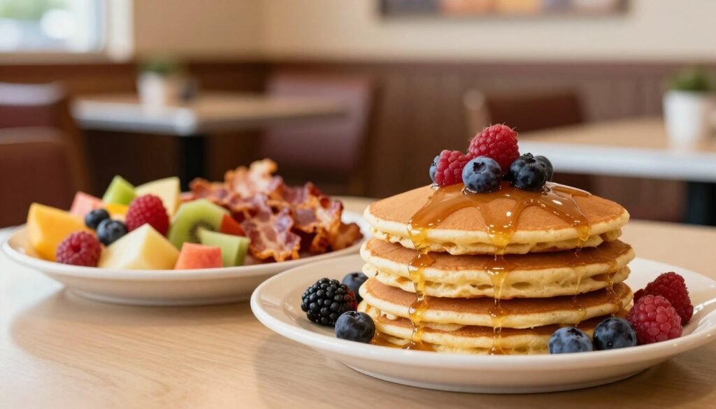 A beautifully arranged table featuring a selection of IHOP gluten-free menu items, prominently displaying a stack of fluffy gluten-free pancakes drizzled with maple syrup and topped with fresh berries. Beside the pancakes, a vibrant fruit salad adds a splash of color, and a plate of crispy gluten-free bacon sits invitingly. In the background, there’s a cozy diner setting with soft lighting, creating a warm and inviting atmosphere. The foreground should show the food items in sharp detail, highlighting their textures and colors, while the background fades gently to give a sense of depth. Utilize a soft-focus lens effect to enhance the inviting mood, suggesting a joyful dining experience without any text or distractions.