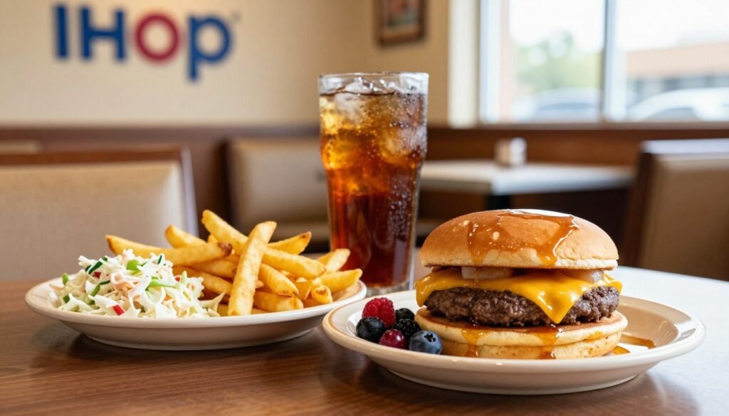 A beautifully arranged table featuring an IHOP lunch combo meal, showcasing a juicy cheeseburger with melted cheese, crispy fries, and a side of coleslaw. In the foreground, a vibrant plate of golden pancakes drizzled with syrup and accompanied by fresh berries adds color. The middle ground highlights a refreshing iced tea in a tall glass with ice cubes glistening. In the background, a soft-focus of IHOP's inviting diner interior, with warm wooden accents and cozy seating, enhances the ambiance. Natural light streams in from a window, creating a cheerful, inviting mood. The image captures the essence of hearty, satisfying meals, perfect for lunch at IHOP, without any text overlays or distractions.