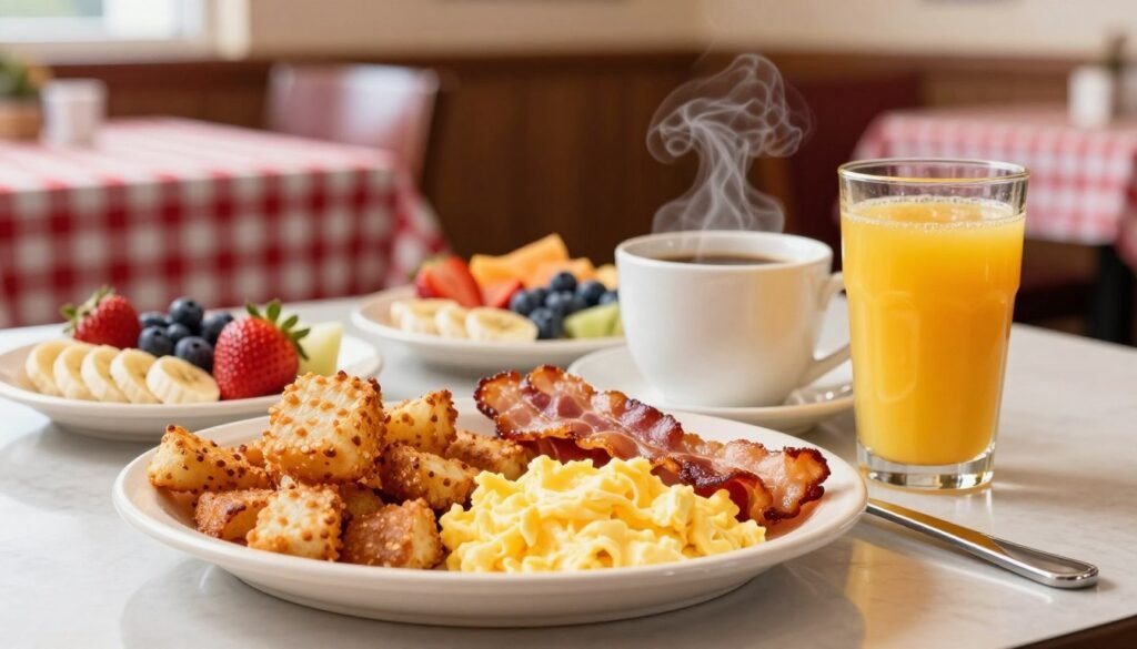 A beautifully arranged table showcasing a delicious selection of IHOP breakfast sides and beverages. In the foreground, a vibrant plate filled with crispy hash browns, fluffy scrambled eggs, and a side of golden-brown bacon. A steaming cup of freshly brewed coffee sits beside a glass of orange juice, glistening in the soft morning light. The middle layer features a variety of colorful fruit plates, including strawberries, blueberries, and banana slices. Background elements include a cozy diner setting with soft-focus details of checkered tablecloths and IHOP branding in the distance. The lighting is warm and inviting, simulating a cheerful breakfast atmosphere. The scene evokes a sense of comfort and indulgence, perfect for a morning meal experience.