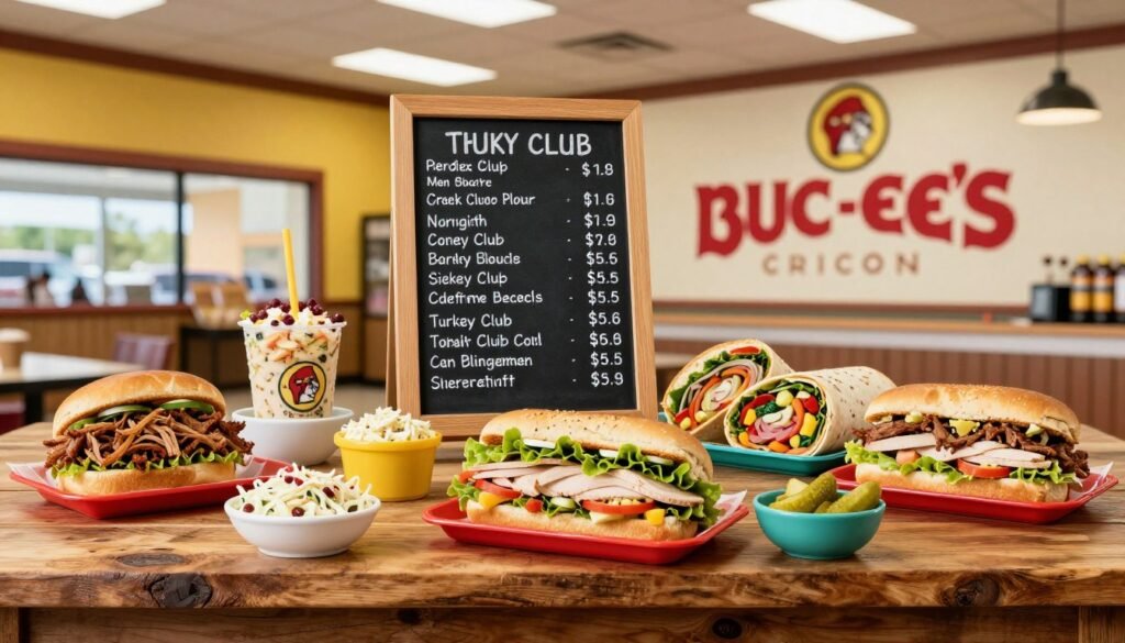 A beautifully laid out Buc-ee's sandwich menu displayed on a rustic wooden table. The foreground features a variety of delicious sandwiches, including a pulled pork sandwich, turkey club, and veggie wrap, artfully arranged with colorful sides like coleslaw and pickles. In the middle ground, there's a large chalkboard listing nutritional information for each sandwich, highlighting calorie counts and dietary considerations. The background showcases the vibrant and welcoming interior of a Buc-ee's store, with bright lighting and cheerful decor, creating a warm and inviting atmosphere. The image has a clean, professional look, suitable for an article, with a softly blurred background to keep attention on the menu options, shot from a slight overhead angle to capture the full spread.