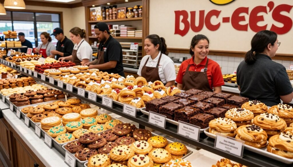 A bustling Buc-ee's bakery display featuring an array of vivid, mouth-watering baked goods like fluffy pastries, rich brownies, and colorful cookies. In the foreground, showcase a beautifully arranged pastry counter with labeled prices neatly displayed beside each item, emphasizing affordability and variety. The middle ground should include cheerful bakery employees in professional attire, engaging with customers, creating a welcoming atmosphere. The background offers a glimpse of the vibrant, rustic interior of the Buc-ee's store with warm lighting, enhancing the inviting mood. Use a slightly elevated angle to capture the entire scene, focusing on the details of the baked goods while showcasing the lively ambiance of the bakery. The overall lighting should be bright and cheerful, reflecting the quality and value of the treats available.