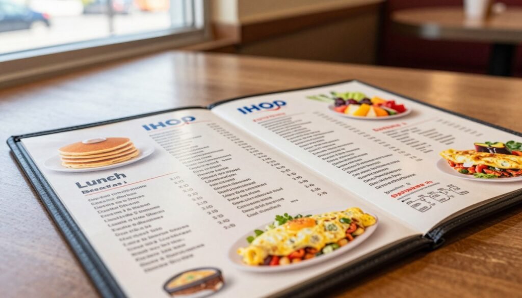 A close-up view of an IHOP menu open on a wooden table, showcasing various sections like breakfast and lunch options, detailed with nutrition information. Include vibrant images of fluffy pancakes, fresh fruit, and savory omelets surrounding the menu, with ingredients listed in a clear, organized manner. Soft, natural lighting filters in from a nearby window, creating a warm and inviting atmosphere. The background features a cozy diner setting, with a hint of the bustling restaurant, emphasizing a welcoming breakfast vibe. Use a shallow depth of field to focus on the menu, while softly blurring the background to draw attention to the nutritional details. The overall mood is friendly and informative, inviting readers to make informed choices about their meals.