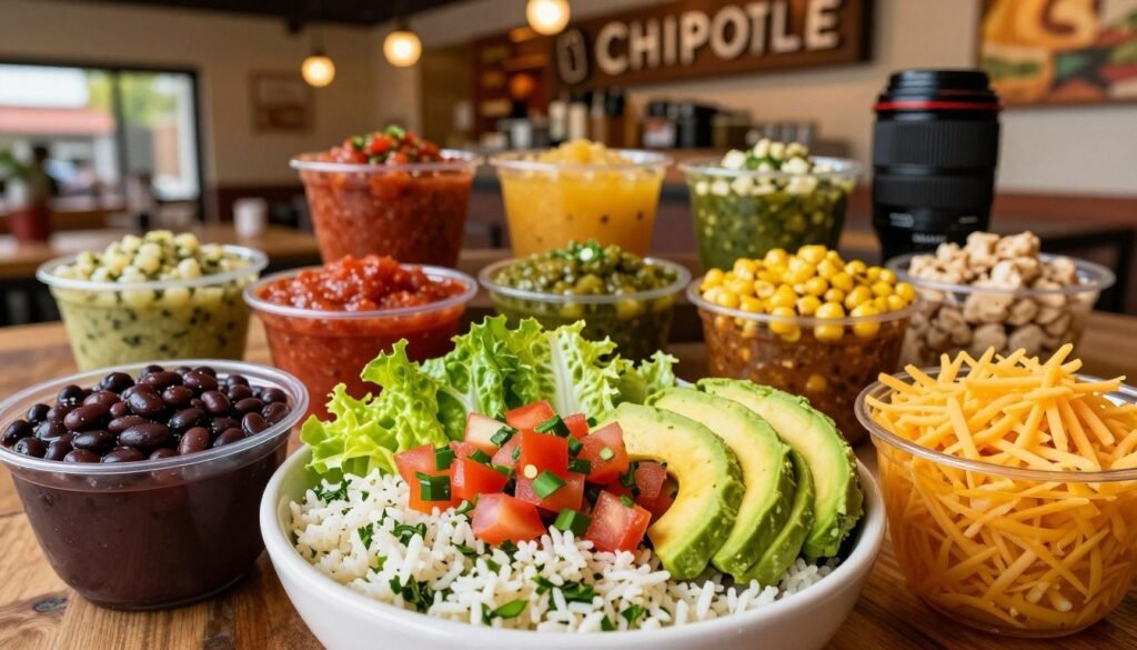 A colorful and appetizing display of Chipotle's gluten-free menu options in a vibrant setting. In the foreground, a beautifully arranged bowl features a base of fluffy cilantro-lime rice topped with fresh pico de gallo, crisp romaine lettuce, and sliced avocado. Glimmering bowls of gluten-free toppings like black beans, corn salsa, and shredded cheese are artfully placed around the main dish. The middle ground contains an assortment of Chipotle-style salsas displayed in small, transparent containers, showcasing their vibrant colors. The background features a softly blurred Chipotle restaurant interior with warm lighting, creating an inviting atmosphere. A Canon lens captures this scene from a slightly elevated angle, enhancing the vibrant colors and textures of the food, evoking a sense of freshness and healthiness. The overall mood is welcoming and delicious, perfect for highlighting gluten-free choices.