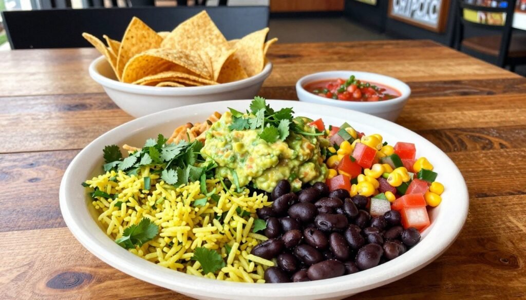 A colorful and appetizing overhead view of a gluten-free meal from Chipotle, beautifully arranged on a white plate. In the foreground, display a large burrito bowl filled with vibrant ingredients: cilantro-lime rice, black beans, fresh pico de gallo, corn salsa, and a generous dollop of guacamole. Sprinkle fresh cilantro over the top for garnish. In the middle ground, include a small bowl of tortilla chips and a side of tangy salsa. The background features a rustic wooden table and a softly blurred Chipotle restaurant interior, capturing a warm, inviting atmosphere. Natural light streams in, enhancing the freshness of the ingredients. The overall mood is vibrant and enjoyable, emphasizing healthy and safe eating choices at Chipotle.