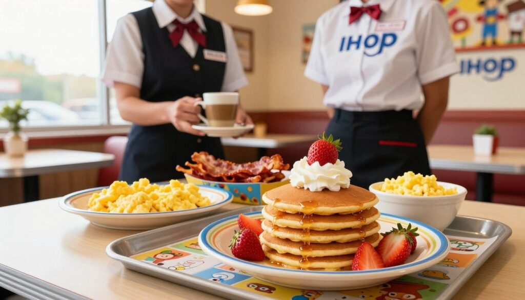A cozy IHOP diner setting, featuring an enticing spread of confidential breakfast items from the kids' menu, cleverly reimagined for adults. In the foreground, a colorful plate of mini pancakes stacked high, topped with whipped cream and fresh strawberries, alongside a bowl of fun-shaped scrambled eggs. A side of crispy bacon peeks out from a vibrant kids' menu-themed tray. In the middle ground, a friendly waitress in a classic IHOP uniform serves freshly brewed coffee, while a bright window lets in warm, soft morning light, illuminating the scene. The background includes playful IHOP decor and whimsical table settings. The atmosphere is cheerful and inviting, evoking a sense of nostalgia and excitement for discovering hidden gems on the menu.