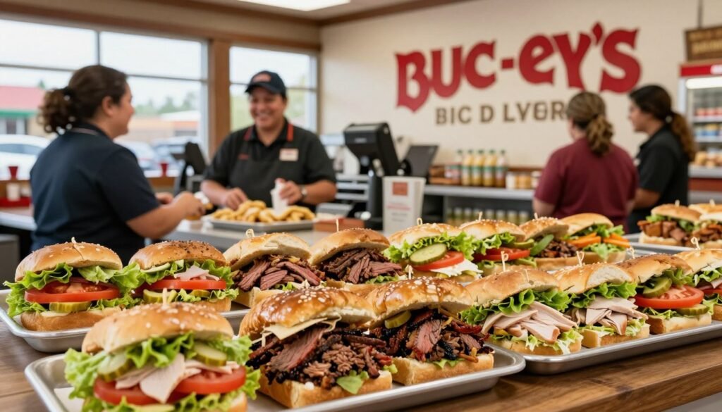 A mouthwatering display of Buc-ee's best sandwiches, featuring a variety of options such as brisket, turkey, and vegetarian sandwiches. In the foreground, a beautifully arranged platter showcasing these sandwiches, with vibrant colors and garnishes like fresh lettuce, tomatoes, and pickles peeking out. In the middle ground, a cheerful Buc-ee's counter with friendly staff in professional attire, engaging with customers as they browse the sandwich selection. In the background, the iconic Buc-ee's convenience store with its bright signage and rustic decor, creating a warm and inviting atmosphere. Soft, natural lighting spills in from large windows, enhancing the appetizing colors of the food, while a shallow depth of field focuses on the sandwiches, evoking a sense of culinary delight and comfort.