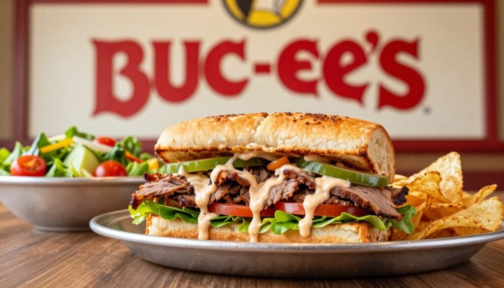A sumptuous Buc-ee's sandwich combo displayed prominently in the foreground, showcasing a large, perfectly toasted sandwich overflowing with layers of delicious meats, fresh vegetables, and a drizzle of creamy sauces. Beside it, a side of crispy potato chips adds texture. In the middle ground, a colorful salad compliments the meal, featuring vibrant greens and cherry tomatoes. The background features a classic Buc-ee's logo subtly blurred to maintain focus on the food. Soft, warm lighting highlights the textures of the sandwich and the freshness of the ingredients, evoking a cozy, inviting atmosphere. The scene is captured from a slightly elevated angle with a shallow depth of field, emphasizing the sandwich combo as the star of this culinary display.