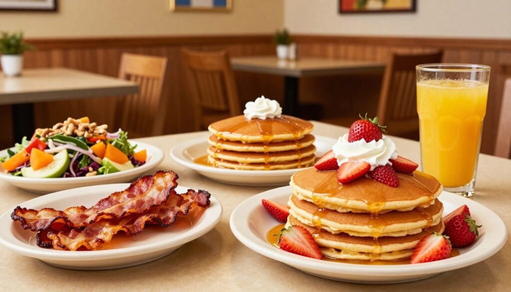 A table setting at a bright, inviting IHOP restaurant featuring an array of colorful IHOP specials. In the foreground, a beautifully plated stack of fluffy pancakes topped with fresh strawberries and whipped cream, alongside a crispy bacon platter and a refreshing orange juice. In the middle ground, a variety of seasonal items like pumpkin spice pancakes and a vibrant fall salad garnished with nuts. The background showcases cozy wooden furnishings and cheerful decor with soft, warm lighting that enhances the inviting atmosphere. The angle captures the delicious food with a slight overhead perspective, emphasizing the rich textures and vibrant colors of the dishes, evoking a sense of comfort and excitement for seasonal dining delights.