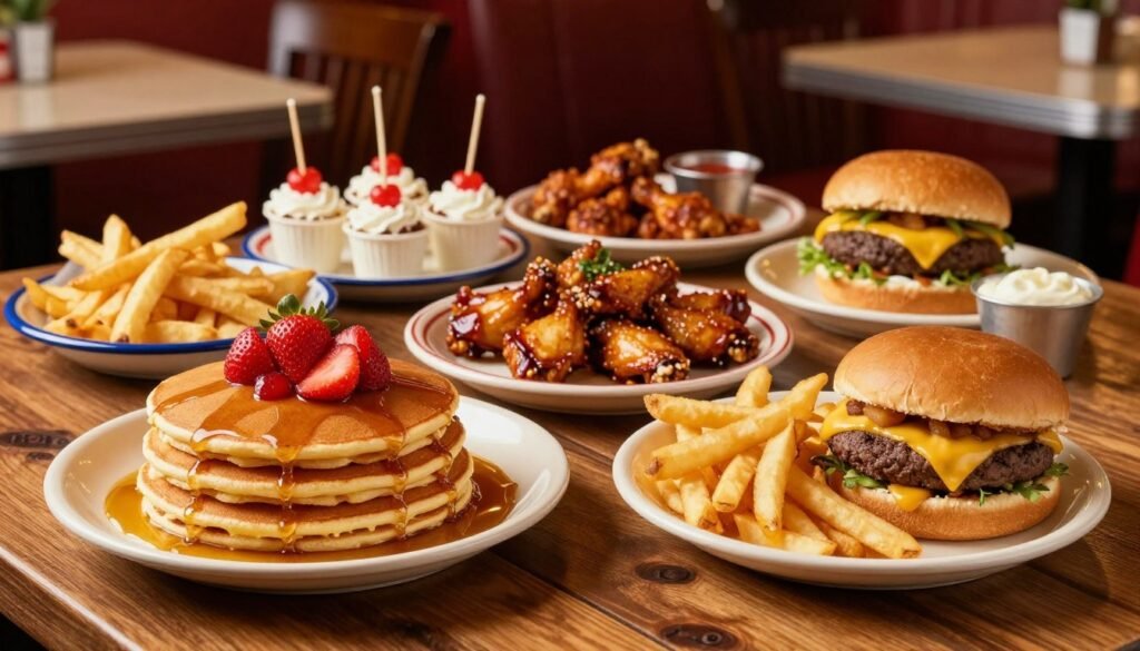 A vibrant IHOP Happy Hour menu spread displayed on a rustic wooden table, showcasing a variety of mouthwatering dishes. In the foreground, feature a fluffy stack of pancakes topped with syrup and fresh strawberries, alongside a delectable cheeseburger with melted cheese and crispy fries. In the middle ground, include a colorful array of appetizers like Mozza Sticks and Chicken Wings, elegantly arranged on decorative plates. The background should highlight a cozy diner ambiance with warm, inviting lighting, giving it a friendly, relaxed atmosphere. Capture the scene in a slightly elevated angle, reflecting a sense of abundance and satisfaction. Focus on rich colors and textures to emphasize the deliciousness of the food. The overall mood should be cheerful and appealing, evoking a craving for comfort food during the happy hour.