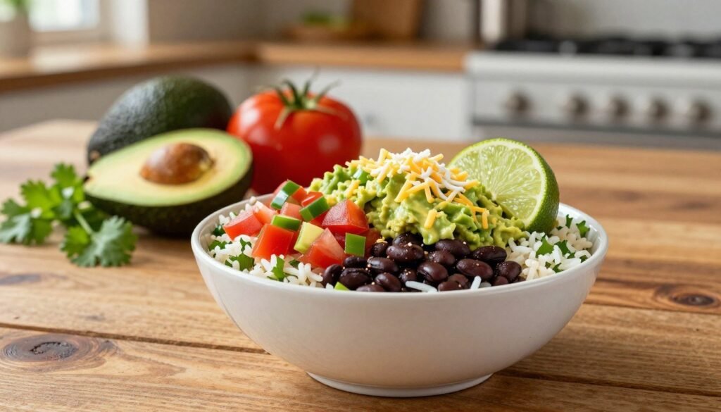 A vibrant and enticing Chipotle burrito bowl, prominently displayed in the foreground on a rustic wooden table. The bowl is filled with colorful layers: fluffy cilantro-lime rice, tender black beans, fresh pico de gallo, and creamy guacamole, all topped with a sprinkle of cheese and a lime wedge for garnish. In the middle ground, a few fresh ingredients are artistically arranged, such as avocados, tomatoes, and cilantro, enhancing the sense of freshness and healthiness. The background features a softly blurred, warm kitchen setting with natural light streaming in, creating a welcoming and wholesome atmosphere. Capture the image from a slightly elevated angle to provide a dynamic view of the bowl’s textures and colors, evoking a sense of appetizing appeal and a healthy dining choice.