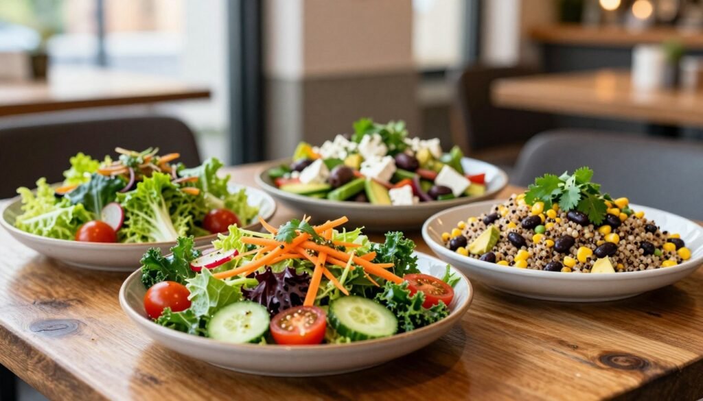 A vibrant and fresh array of salads displayed elegantly on a rustic wooden table. In the foreground, a colorful garden salad featuring crisp romaine and kale, cherry tomatoes, cucumbers, shredded carrots, and radishes, all topped with a light vinaigrette. Beside it, a quinoa salad with black beans, corn, diced avocado, and cilantro. In the middle ground, a tantalizing plate of Greek salad with feta cheese, olives, and herbs. The background softly blurred shows hints of a cozy café setting with warm, inviting lighting filtering through large windows. The atmosphere feels fresh and appetizing, evoking a sense of health and wellbeing, captured with a soft focus lens for a dreamy effect.