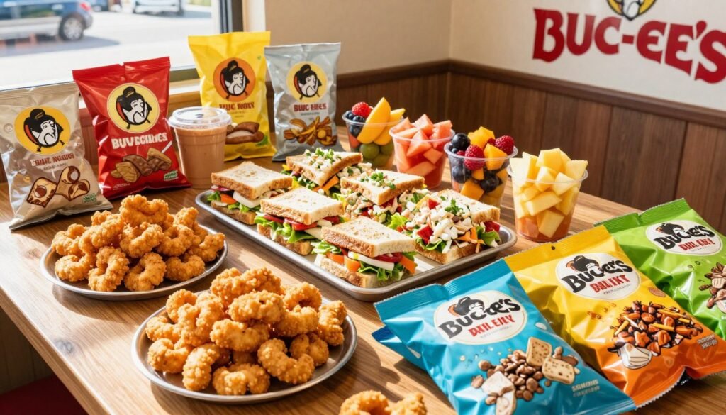 A vibrant and inviting display of Buc-ee's snacks and sides, prominently featuring their famous Beaver Nuggets, crunchy pork rinds, and colorful bags of trail mix in the foreground. In the middle, a neatly arranged platter showcases mini sandwiches, fresh fruit cups, and savory chicken salad, all artfully garnished, with a warm, welcoming table set against a bright, cheerful backdrop of a classic Buc-ee's convenience store interior. Natural lighting streams in from the side, enhancing the fresh ingredients, while maintaining a cozy yet lively atmosphere. Capture the scene from an overhead angle to emphasize the spread and to convey a sense of abundance and delight in the variety of delicious options for a midday meal.
