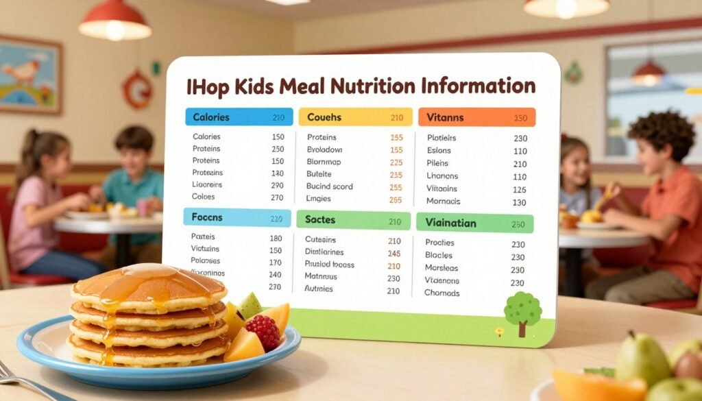 A vibrant and visually appealing layout of an "IHOP Kids Meal Nutrition Information" chart. In the foreground, showcase a colorful plate of pancakes and a side of fruit, symbolizing the kids' meals offered. The middle section should feature a neatly arranged chart with nutritional facts such as calories, proteins, and vitamins, designed in a fun, kid-friendly style. Use a soft, warm lighting to create an inviting atmosphere, reminiscent of a cozy diner setting. In the background, subtly depict the interior of an IHOP restaurant with playful decor and smiling families enjoying their meals, enhancing the overall cheerful mood. Ensure that all elements are clear and visually engaging, without any text overlays. A vibrant and visually appealing layout of an "IHOP Kids Meal Nutrition Information" chart. In the foreground, showcase a colorful plate of pancakes and a side of fruit, symbolizing the kids' meals offered. The middle section should feature a neatly arranged chart with nutritional facts such as calories, proteins, and vitamins, designed in a fun, kid-friendly style. Use a soft, warm lighting to create an inviting atmosphere, reminiscent of a cozy diner setting. In the background, subtly depict the interior of an IHOP restaurant with playful decor and smiling families enjoying their meals, enhancing the overall cheerful mood. Ensure that all elements are clear and visually engaging, without any text overlays.