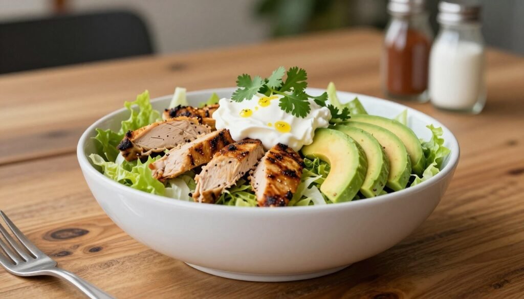 A vibrant, appealing keto chipotle bowl in a stylish white ceramic dish, placed on a rustic wooden table. The bowl is filled with layers of shredded lettuce, grilled chicken, avocado slices, and a dollop of sour cream, topped with fresh cilantro and a sprinkle of lime juice, creating a colorful contrast of greens, browns, and whites. Soft natural lighting illuminates the dish from the side, enhancing the textures and colors of the ingredients. In the background, a blurred view of a cozy restaurant setting with low-carb condiments on the table, creating an inviting and relaxing atmosphere. The overall mood is fresh, healthy, and appetizing, perfect for showcasing keto meal ideas.