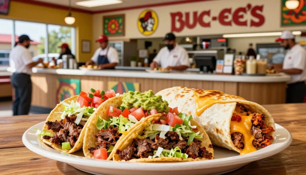 A vibrant display of Buc-ee's Tex-Mex options featuring tantalizing tacos and hearty burritos. In the foreground, a close-up of a plate piled high with colorful, freshly made tacos filled with seasoned beef, shredded lettuce, diced tomatoes, and topped with zesty salsa and guacamole. Beside it, a large burrito wrapped in a soft tortilla, oozing with melted cheese and spicy fillings. The middle ground shows a bright, inviting Tex-Mex counter, bustling with staff in clean uniforms, serving up delicious meals. The background is a warm, well-lit Buc-ee's location adorned with cheerful decor, emphasizing a friendly atmosphere. Natural sunlight filters through the windows, creating a welcoming glow, perfect for hungry travelers seeking satisfying meals.