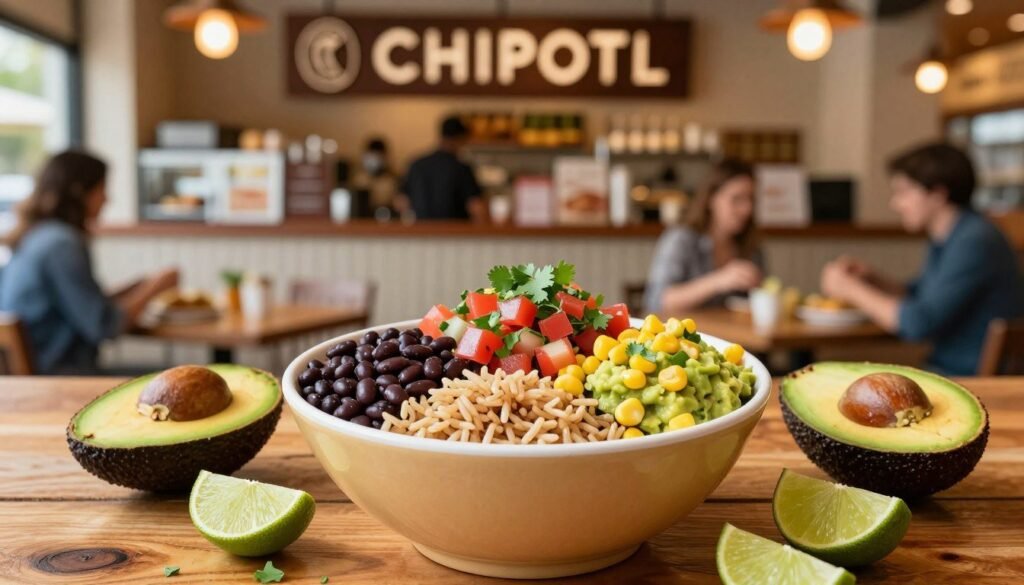 A vibrant, enticing display of Chipotle's vegan options, centered on a colorful bowl filled with brown rice, black beans, fresh pico de gallo, corn salsa, guacamole, and a sprinkle of chopped cilantro. In the foreground, the bowl is artfully arranged on a rustic wooden table, with some fresh ingredients like avocados and lime halves nearby. The middle ground features a blurred image of a Chipotle restaurant interior, with patrons enjoying their meals. The background shows warm lighting that creates an inviting atmosphere, emphasizing the fresh, wholesome ingredients. The scene captures a bright, cheerful mood perfect for plant-based diners, conveying the diverse flavors and healthy choices available. Shot with a shallow depth of field to highlight the food.