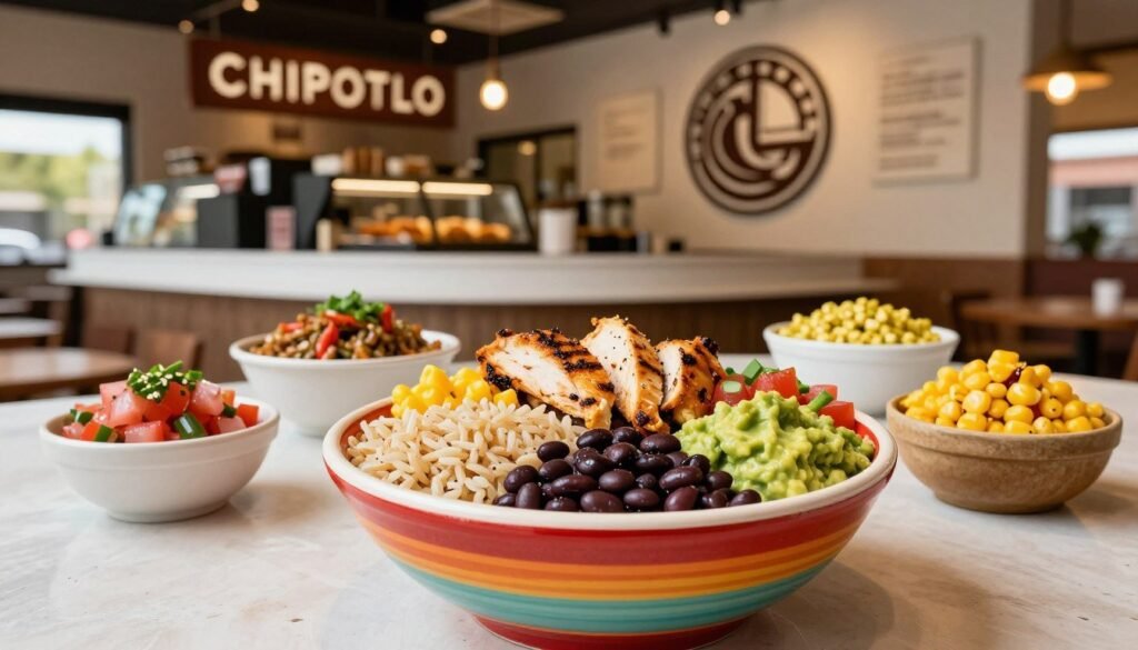 A vibrant, inviting display of gluten-free options at Chipotle. In the foreground, a colorful bowl filled with fresh ingredients including brown rice, grilled chicken, black beans, pico de gallo, corn salsa, and guacamole. Surrounding this bowl are various gluten-free toppings, all bright and appealing. In the middle ground, a clean and modern Chipotle restaurant interior with warm lighting highlighting the freshness of the food. The background features subtle branding elements, like the Chipotle logo and a rustic decor. The atmosphere is friendly and welcoming, making the gluten-free menu feel accessible and delicious. The scene is captured with a slightly angled lens to create depth, emphasizing the delicious meal while maintaining a professional and safe-for-work ambiance.