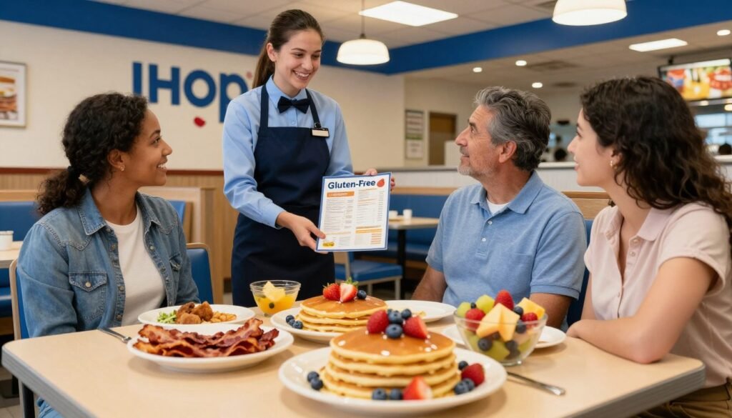 A vibrant scene inside an IHOP restaurant showcasing a variety of gluten-free meal options. In the foreground, a beautifully arranged table displays fluffy gluten-free pancakes topped with fresh strawberries and blueberries, a side of crispy bacon, and a colorful fruit bowl. The middle ground features a friendly server in smart casual attire presenting a gluten-free menu to a couple, both dressed in modest casual clothing, engaged in discussion. The background includes booths with IHOP's signature blue and white decor, warm lighting creating a welcoming atmosphere. The setting reflects a cheerful yet relaxed dining experience, emphasizing safe gluten-free ordering in a family-friendly environment. Use a wide-angle lens to capture the depth of the restaurant and enhance the inviting mood.