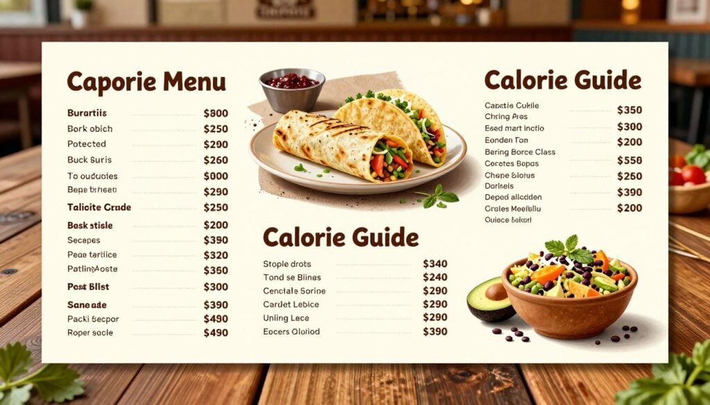 A visually engaging and informative illustration of a Chipotle menu calorie guide, set on a rustic wooden table. In the foreground, detailed sections from the menu showcasing various items like burritos, tacos, and bowls with their corresponding calorie counts prominently displayed. Each dish is artistically arranged, perhaps with fresh ingredients like avocados, beans, and vibrant herbs around them. The middle ground features a plate of Chipotle food, beautifully garnished to highlight texture and color, under soft, warm lighting that evokes a welcoming atmosphere. The background can include a blurred Chipotle restaurant setting, creating a casual dining vibe. The overall mood should be inviting and educational, ideal for readers interested in nutrition and healthy choices.