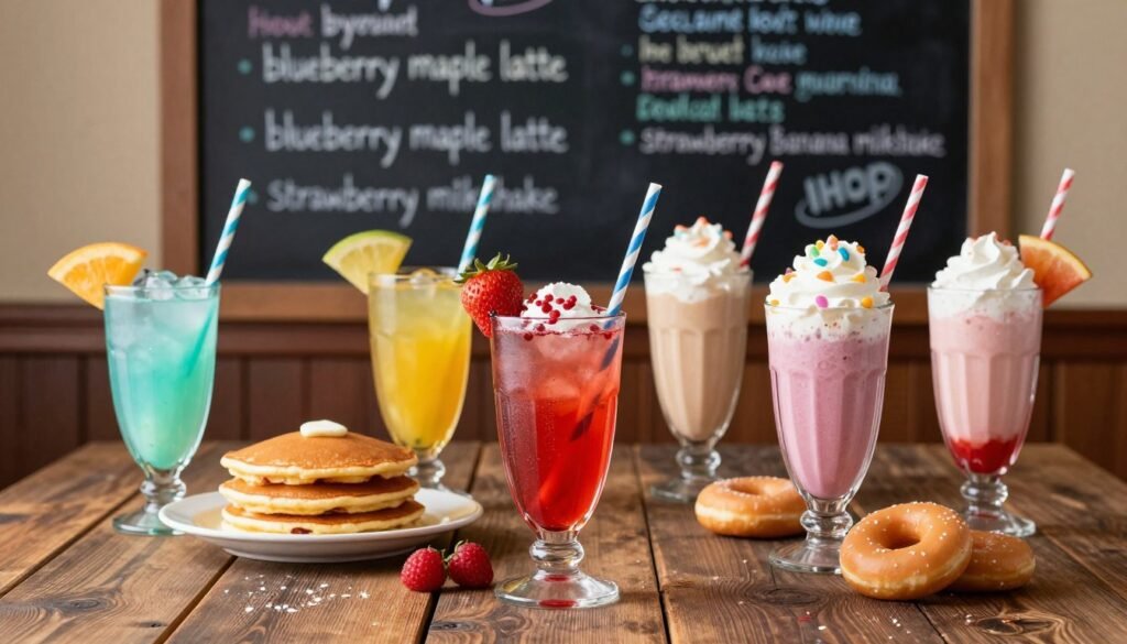 A visually enticing composition capturing a variety of colorful beverages inspired by IHOP's secret menu. In the foreground, showcase glasses filled with brightly colored drinks, each garnished with fresh fruit and playful straws. Include a whimsical beverage hack, like a colorful syrup swirl or whipped cream topping. The middle ground features a rustic table setting with pancakes and donuts subtly placed, enhancing the theme of indulgence. In the background, an illustrative chalkboard displaying intriguing flavor combinations, such as 'blueberry maple latte' and 'strawberry banana milkshake,' adds a touch of authenticity. The lighting should be warm and inviting, with soft shadows, reminiscent of a cozy diner atmosphere. The overall mood is playful and inviting, enticing readers to explore these secret beverage hacks.