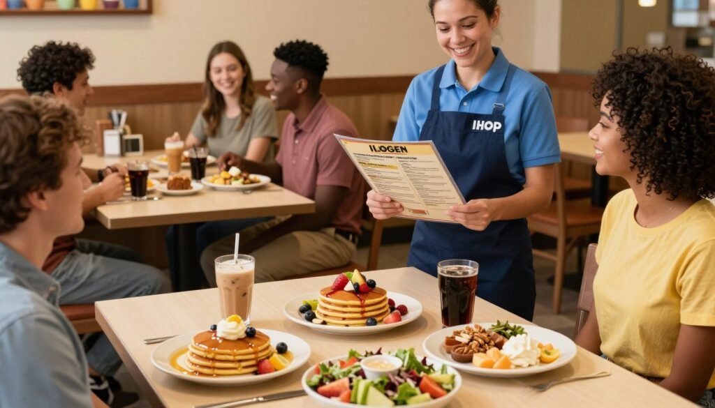 A visually inviting restaurant scene at IHOP showcasing the allergen menu options, focusing on egg-free and nut-free dishes. In the foreground, a beautifully arranged table features a selection of colorful and appetizing plates, including fluffy pancakes topped with fresh fruits, a vibrant salad, and nut-free syrups. In the middle ground, a friendly staff member in smart, casual IHOP attire holds a menu while warmly engaging with a diverse group of patrons at another table, creating a welcoming atmosphere. The background highlights the cozy restaurant interior, with soft lighting that evokes a safe and comfortable dining experience. Shot with a slightly elevated angle to capture the entire scene, the overall mood is cheerful and inclusive, emphasizing health-conscious dining at IHOP.