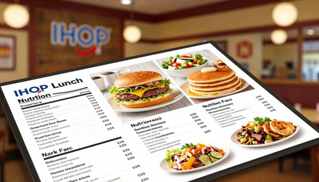 A well-designed presentation of the IHOP lunch menu nutrition facts, focusing on detailed calorie information and ingredients. In the foreground, display a mock-up of an elegant menu card with clear sections for various lunch items, structured in an organized layout. The middle features appetizing images of popular IHOP lunch dishes, such as a classic burger with sides, pancakes stacked high, and fresh salads. The background should include a warm, inviting IHOP restaurant atmosphere with soft ambient lighting and wooden decor. Use a slightly overhead angle to capture both the menu details and the delicious food, evoking a sense of hunger and curiosity about the meal options. The mood should be friendly and welcoming, perfect for casual dining.