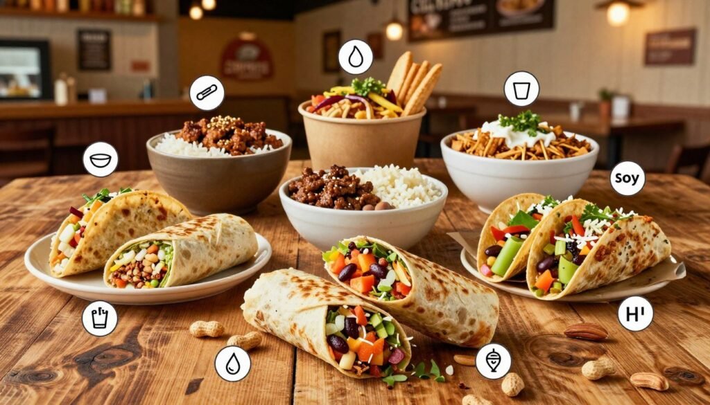 A well-organized Chipotle allergen menu spread across a rustic wooden table, showcasing vibrant and appetizing food items, like burritos, tacos, and bowls, along with clear symbols for common allergens (peanuts, tree nuts, dairy, gluten, soy, etc.) displayed beside each dish. The foreground features a close-up of a burrito being carefully assembled, with colorful ingredients like fresh vegetables and beans. In the middle, various bowls filled with rice, proteins, and toppings are arranged artistically. The background reveals a softly blurred Chipotle restaurant interior, warm lighting creating an inviting atmosphere. The overall mood conveys a sense of safety and care in dining, suitable for those with food allergies. The scene is shot with a shallow depth of field to emphasize the food presentation.